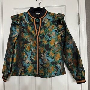 JODIFL Green/Blue Pullover  Floral Blouse with Ruffled Shoulders